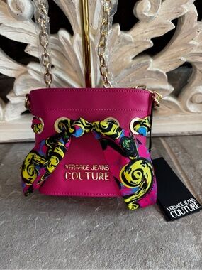 Versace Jeans Collection Hot Pink Mini Chain Bag with Scarf Detail and COA